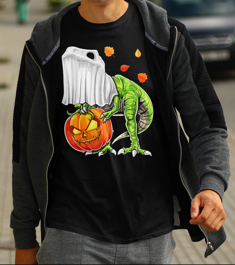 Halloween Dinosaur Ghost Pumpkin Jack Leaves T-Shirt