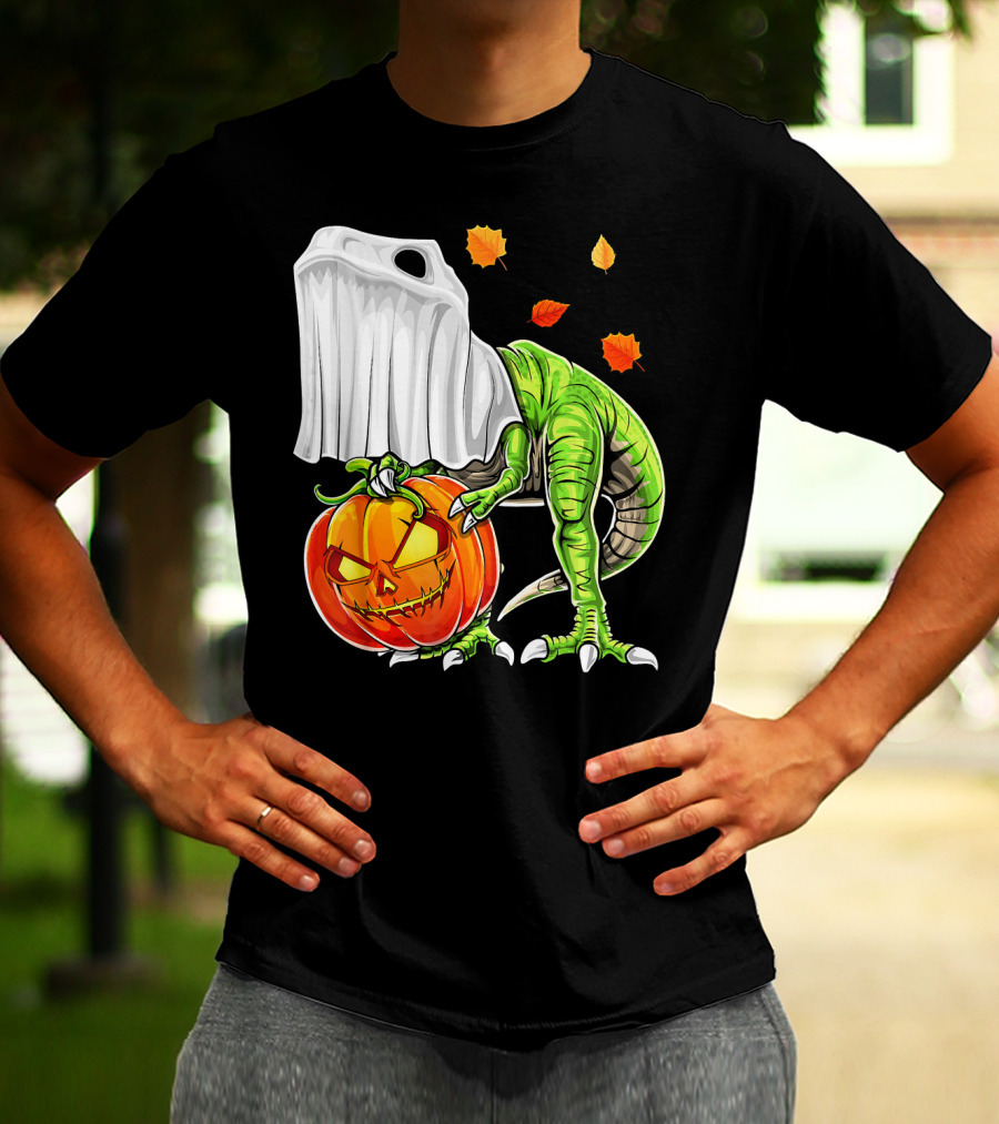 Halloween Dinosaur Ghost Pumpkin Jack Leaves T-Shirt