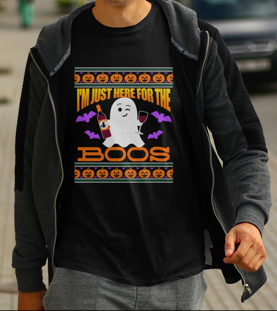 I'm Just Here For The Boos Ugly Halloween Wine Ghost Pumpkins Bats T-Shirt