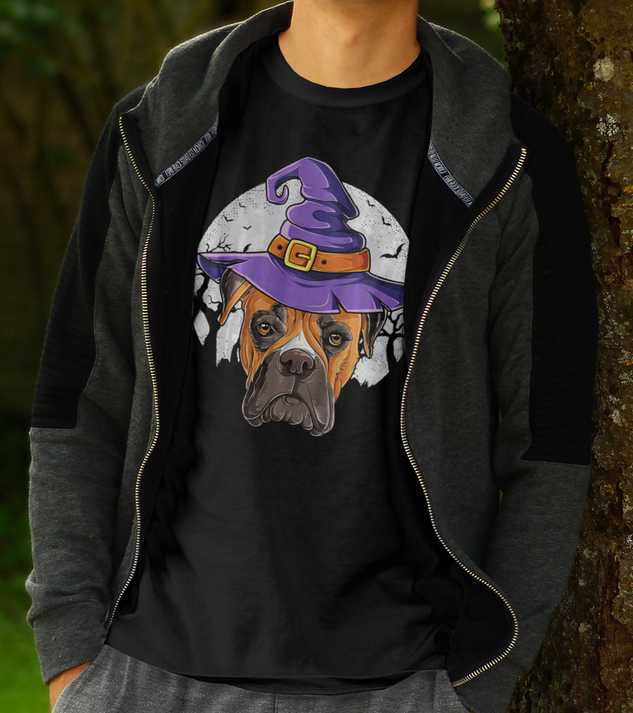 Boxer Dog Wearing Purple Witch Hat Under Full Moon With Bats Halloween T-Shirt