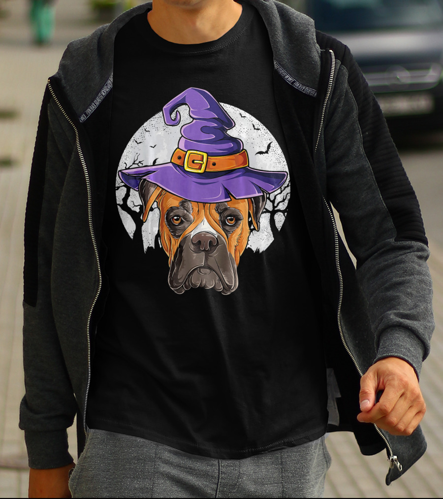 Boxer Dog Wearing Purple Witch Hat Under Full Moon With Bats Halloween T-Shirt