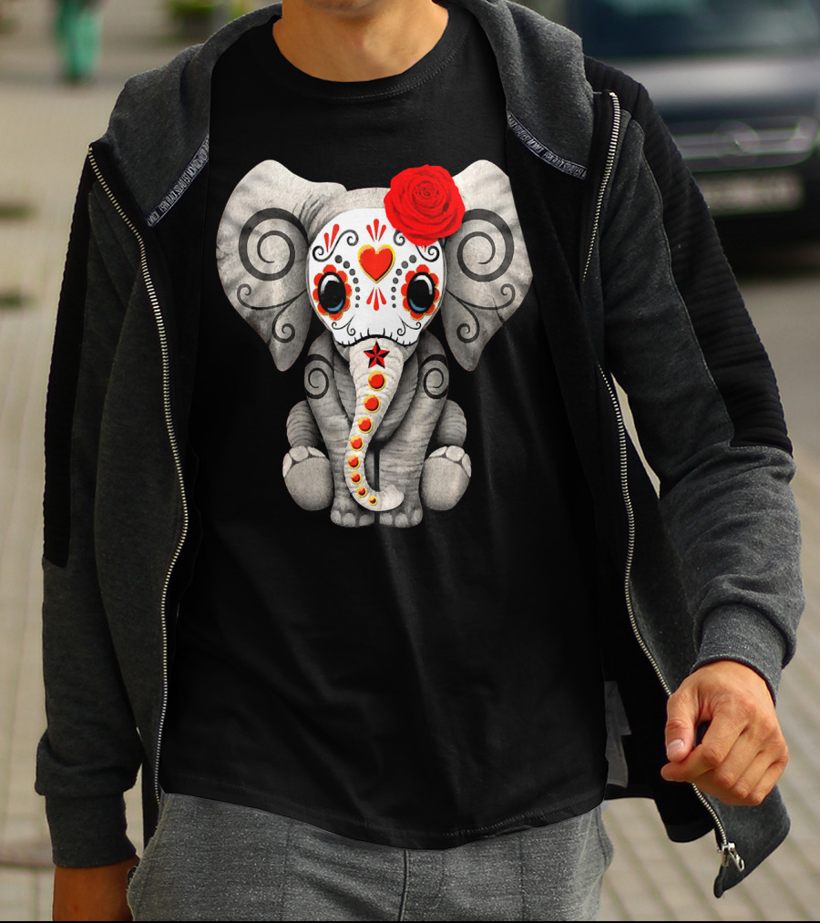 Sugar Skull Elephant With Red Rose Day Of The Dead T-Shirt