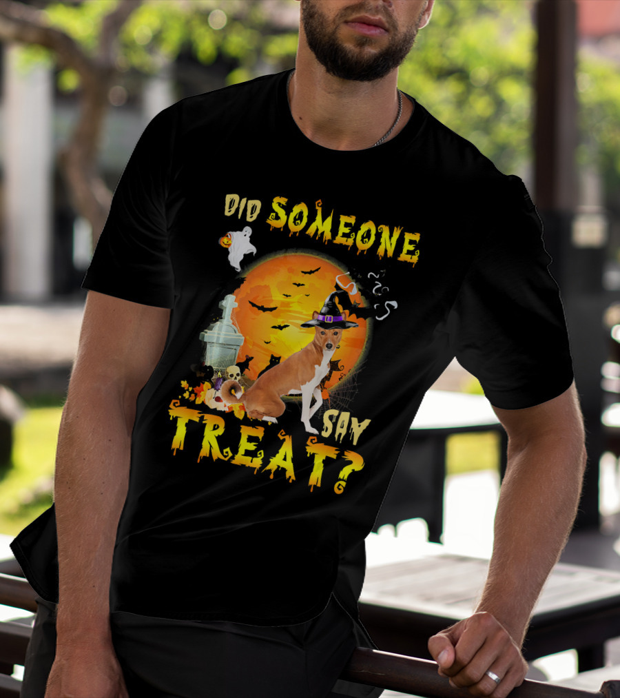 Did Someone Say Treat Basenji Halloween Moon Ghost Bats Witch Hat T-Shirt