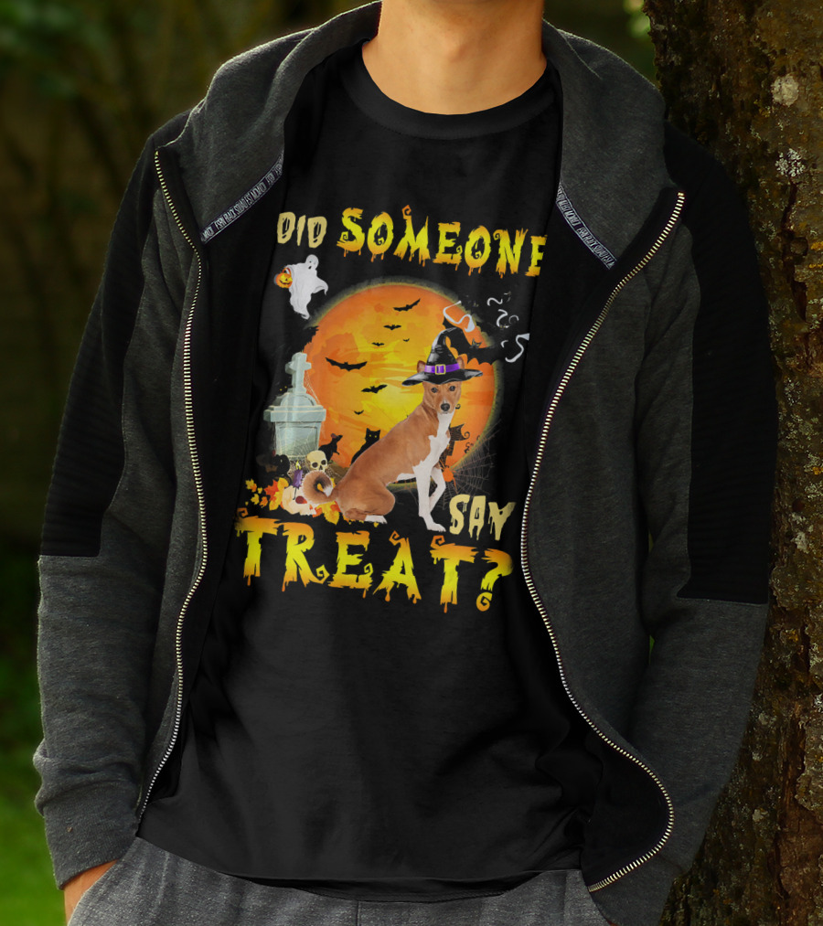 Did Someone Say Treat Basenji Halloween Moon Ghost Bats Witch Hat T-Shirt
