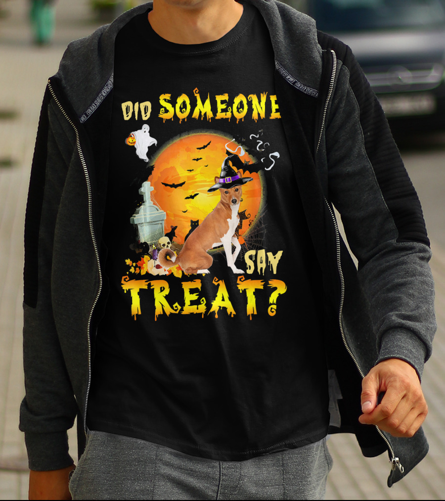 Did Someone Say Treat Basenji Halloween Moon Ghost Bats Witch Hat T-Shirt