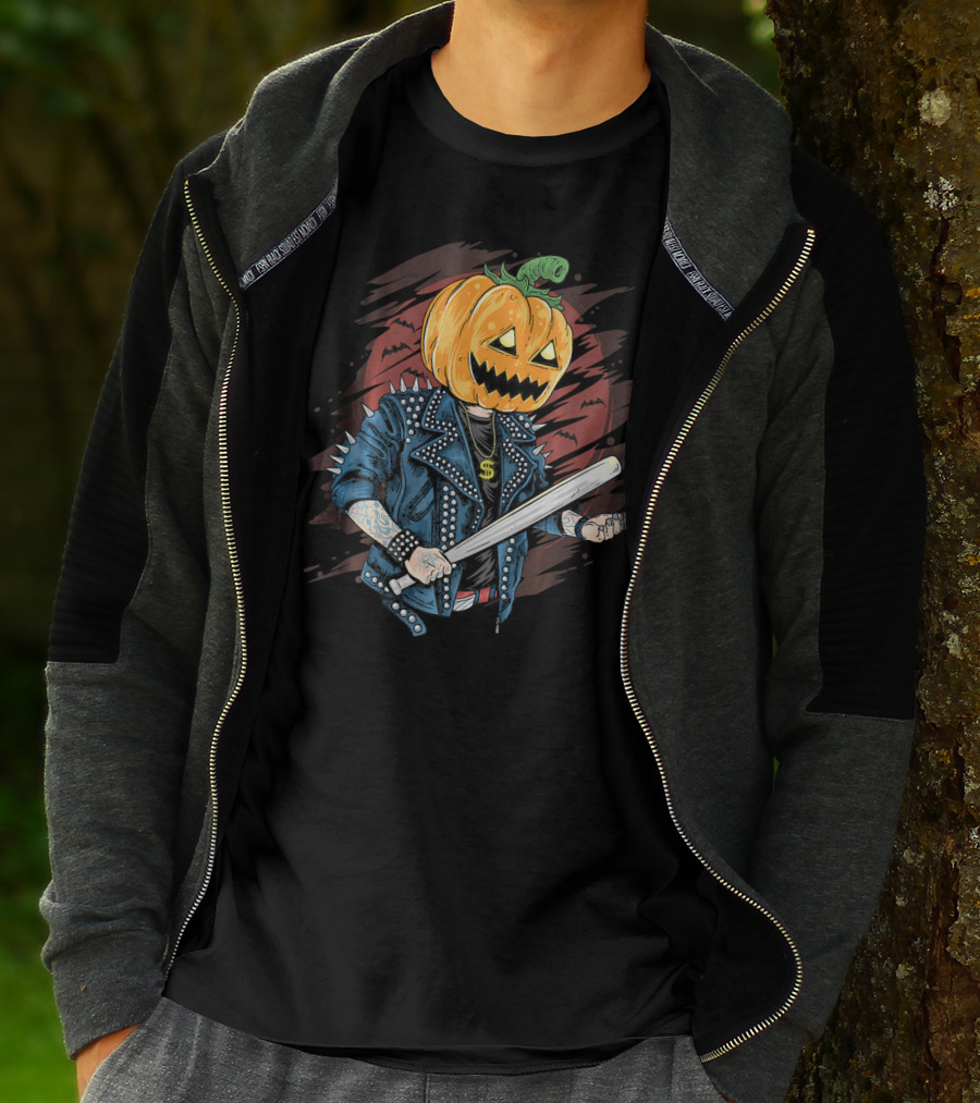 Punk Rocker Metalhead Pumpkin With Spiked Jacket And Baseball Bat T-Shirt