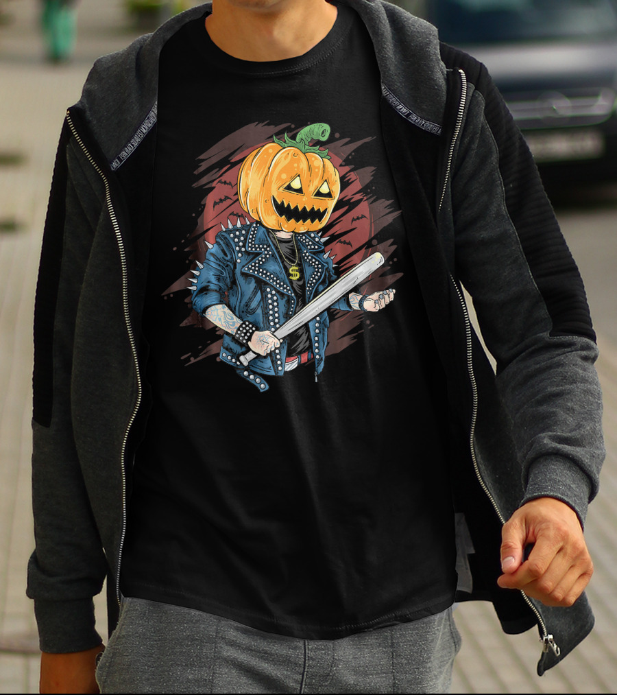 Punk Rocker Metalhead Pumpkin With Spiked Jacket And Baseball Bat T-Shirt