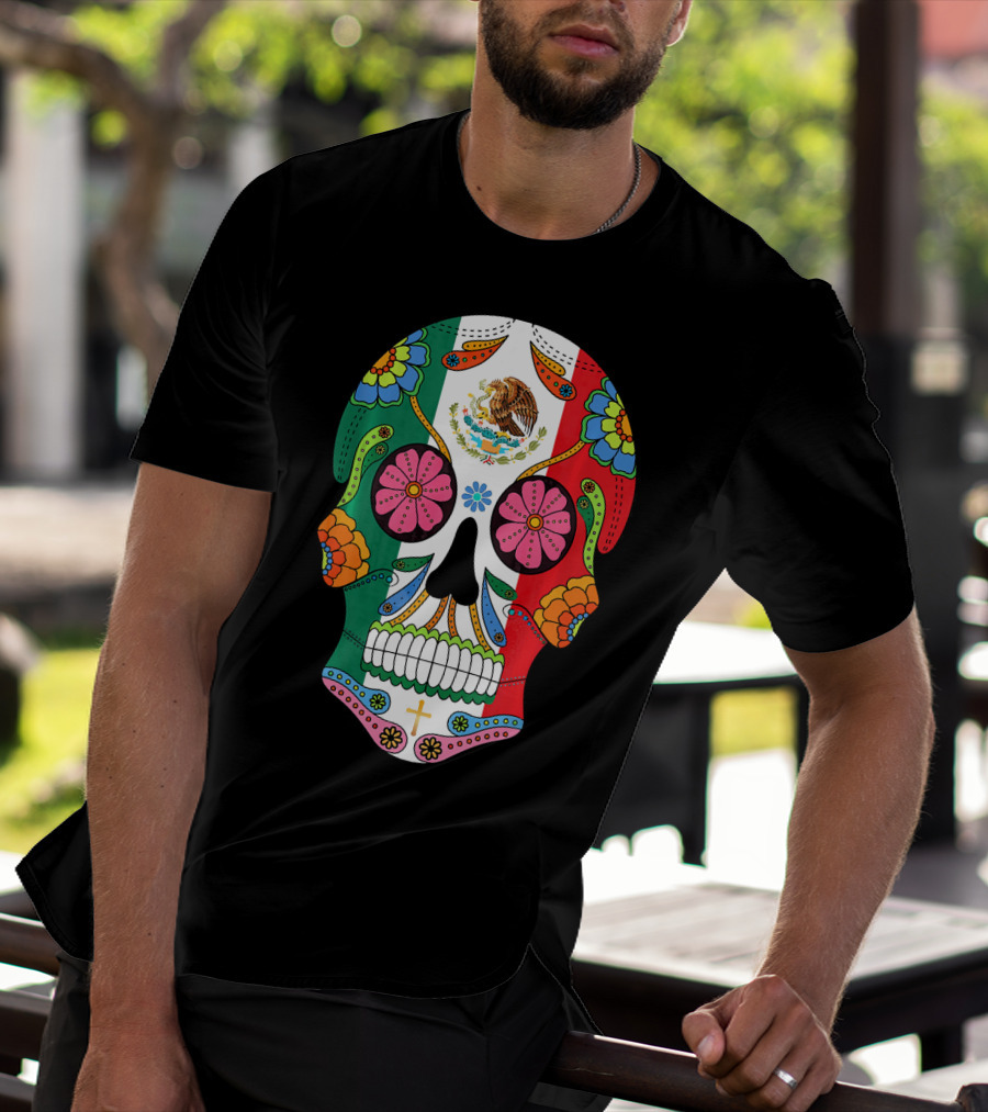 Mexican Flag Sugar Skull Eagle Floral Motif T-Shirt