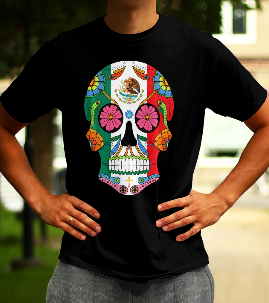 Mexican Flag Sugar Skull Eagle Floral Motif T-Shirt