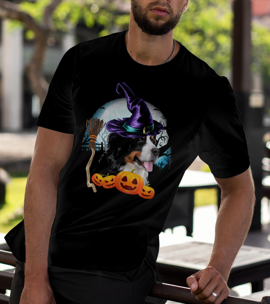Bernese Mountain Dog In Witch Hat With Pumpkins And Broomstick Halloween Scene T-Shirt