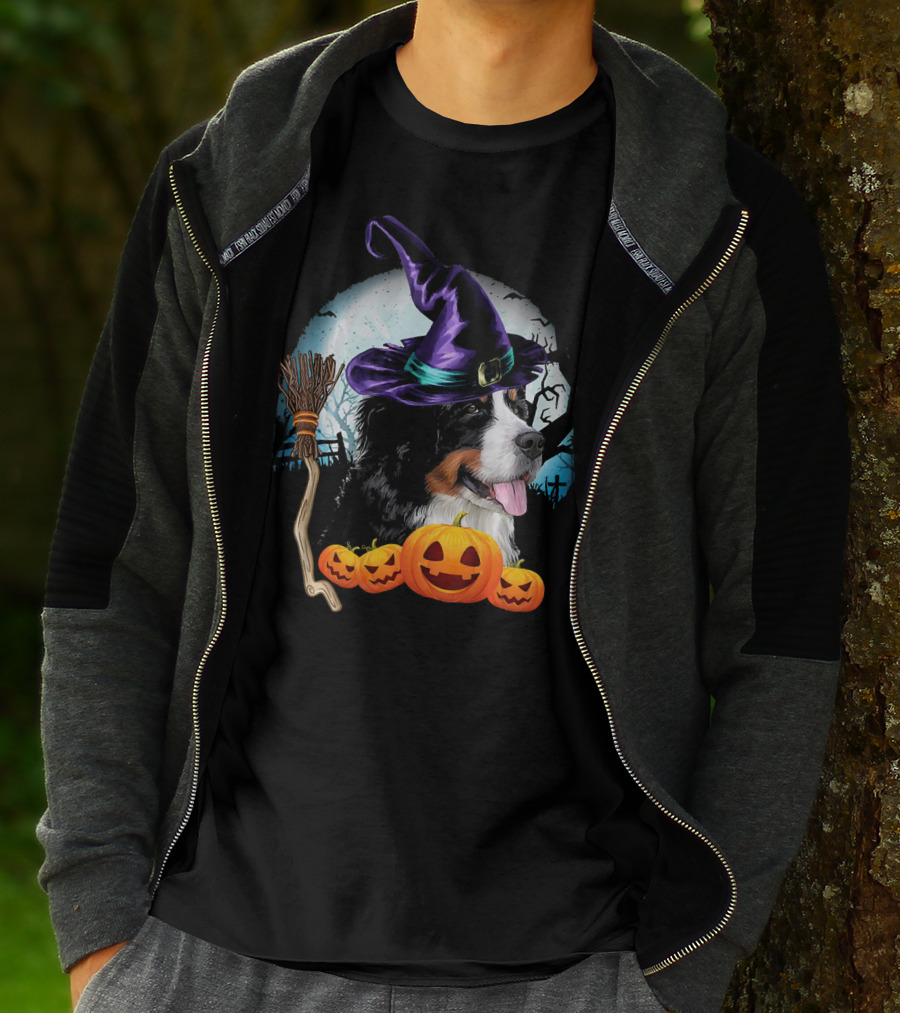 Bernese Mountain Dog In Witch Hat With Pumpkins And Broomstick Halloween Scene T-Shirt