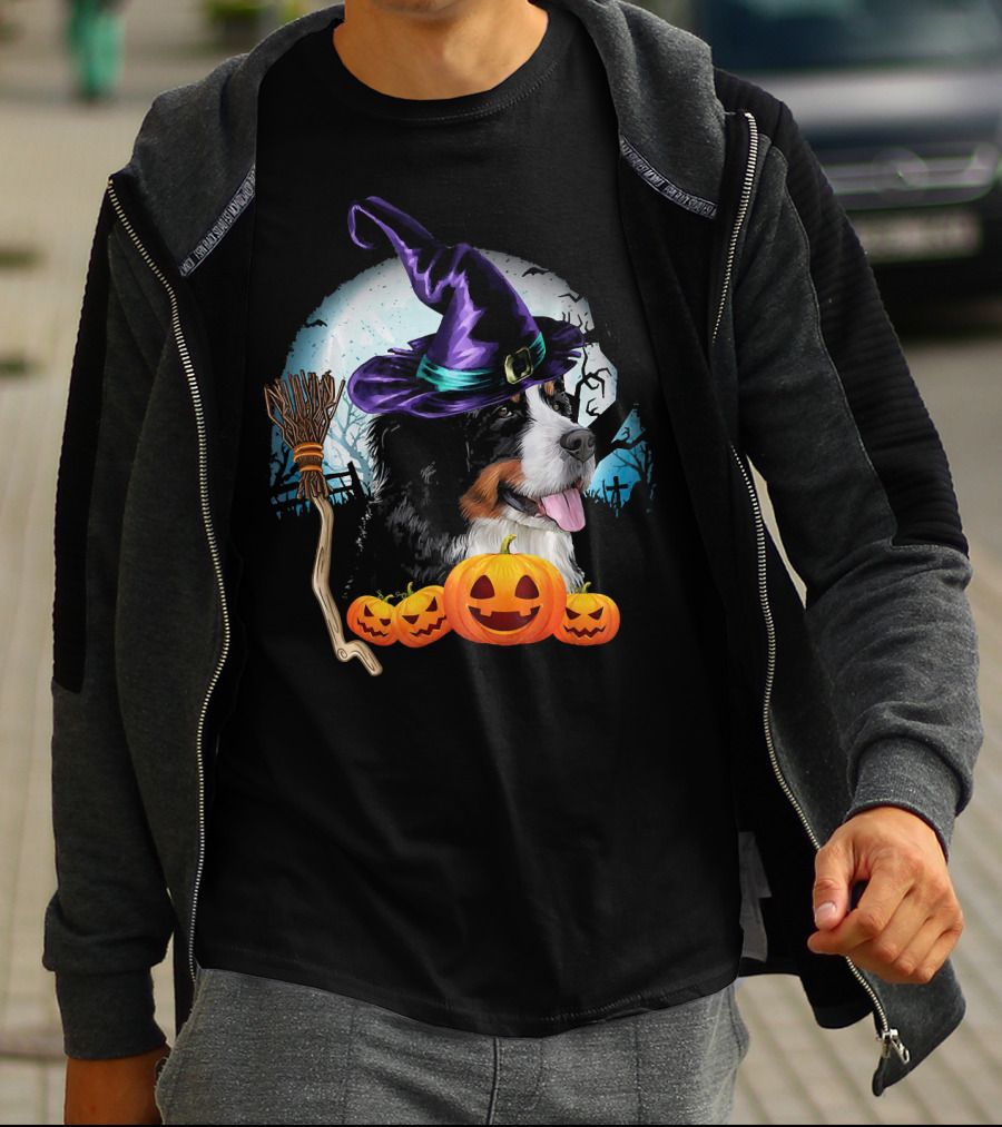 Bernese Mountain Dog In Witch Hat With Pumpkins And Broomstick Halloween Scene T-Shirt