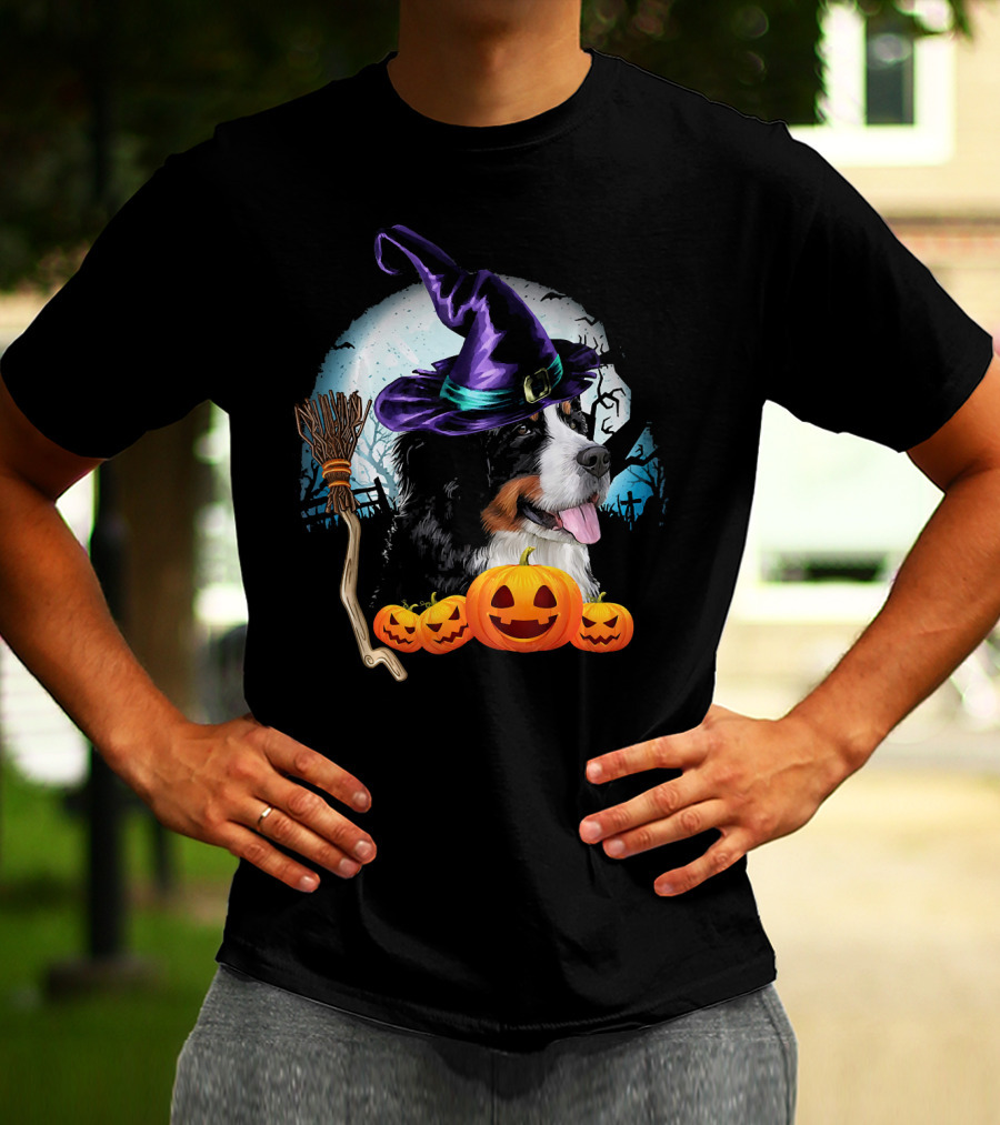 Bernese Mountain Dog In Witch Hat With Pumpkins And Broomstick Halloween Scene T-Shirt