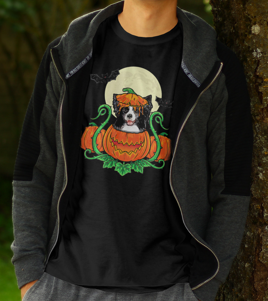 Border Collie Halloween Pumpkin Full Moon With Bats T-Shirt