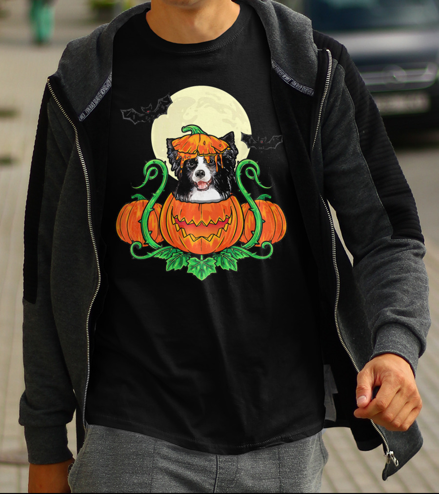Border Collie Halloween Pumpkin Full Moon With Bats T-Shirt