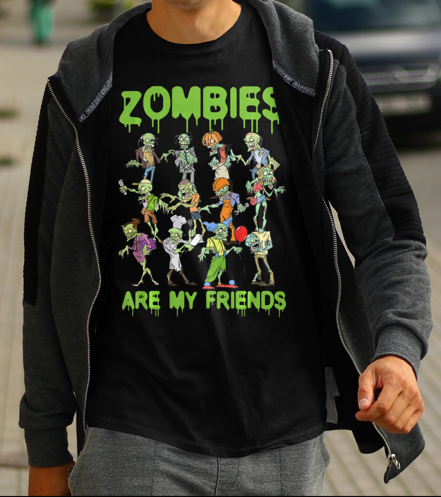 Funny Colorful Zombies Are My Friends Party Scene T-Shirt