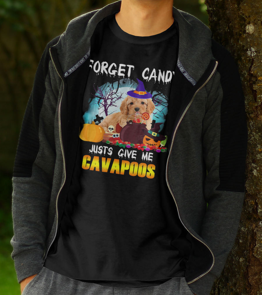 Forget Candy Just Give Me Cavapoos Halloween Puppy With Witch Hat And Pumpkins T-Shirt