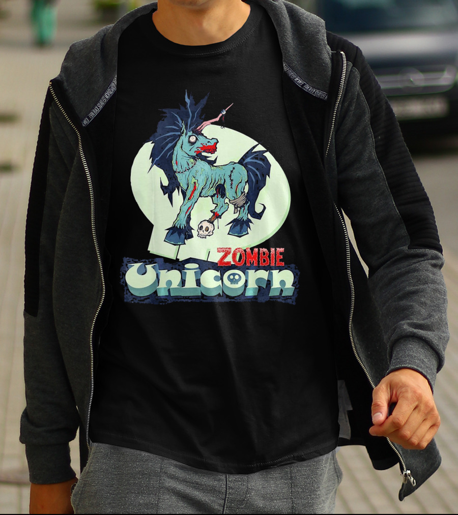 Zombie Unicorn With Skull And Blood Splatter T-Shirt