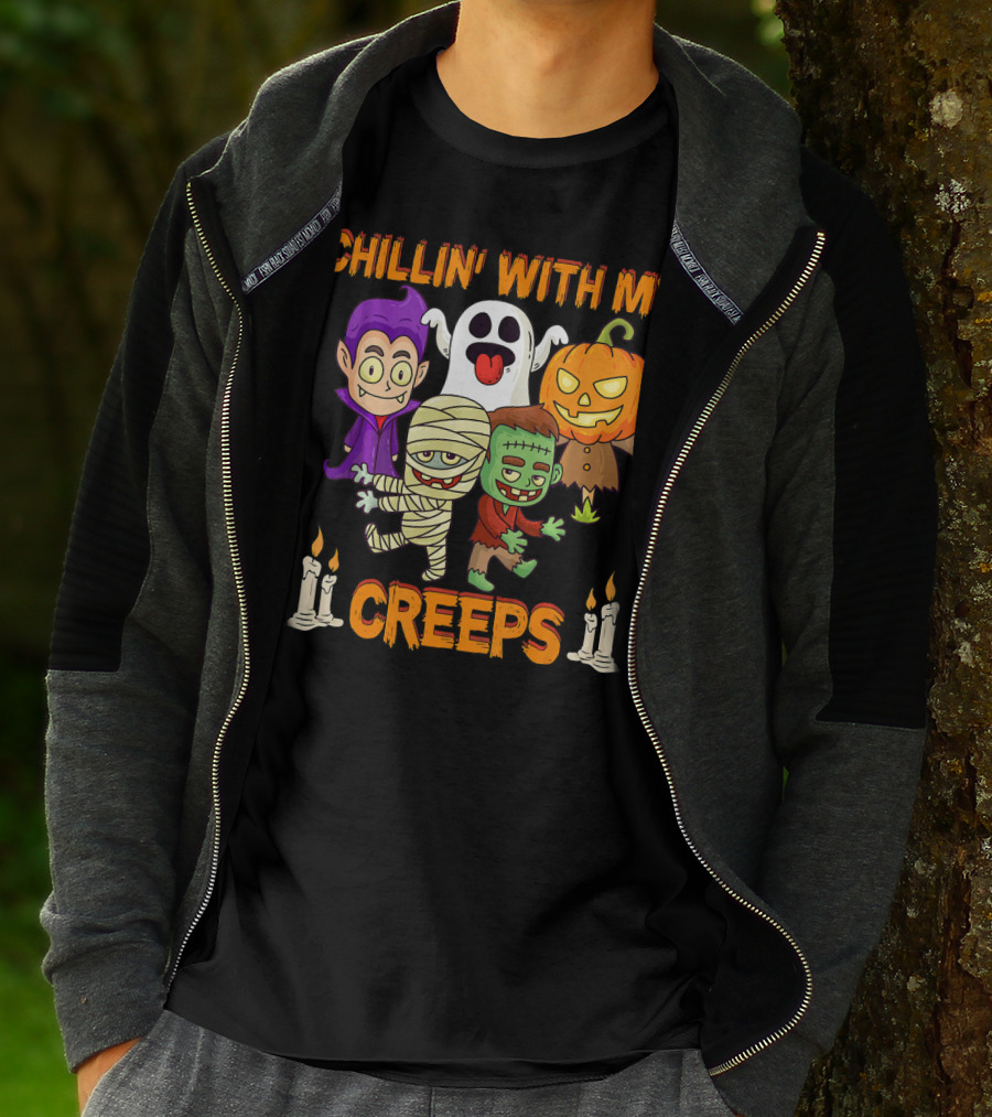 Chillin With My Creeps Ghost Mummy Frankenstein Vampire Pumpkin Candles T-Shirt