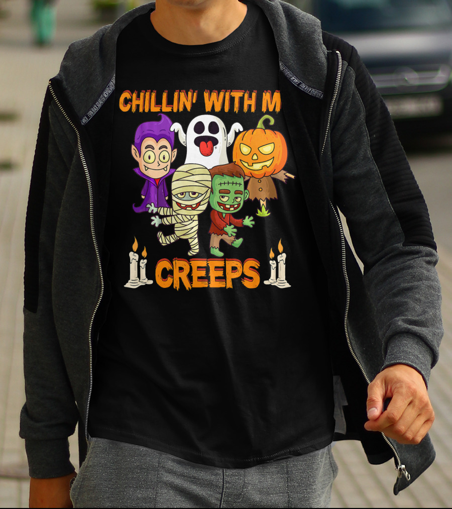 Chillin With My Creeps Ghost Mummy Frankenstein Vampire Pumpkin Candles T-Shirt