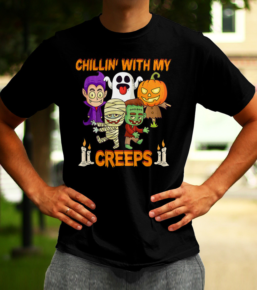Chillin With My Creeps Ghost Mummy Frankenstein Vampire Pumpkin Candles T-Shirt