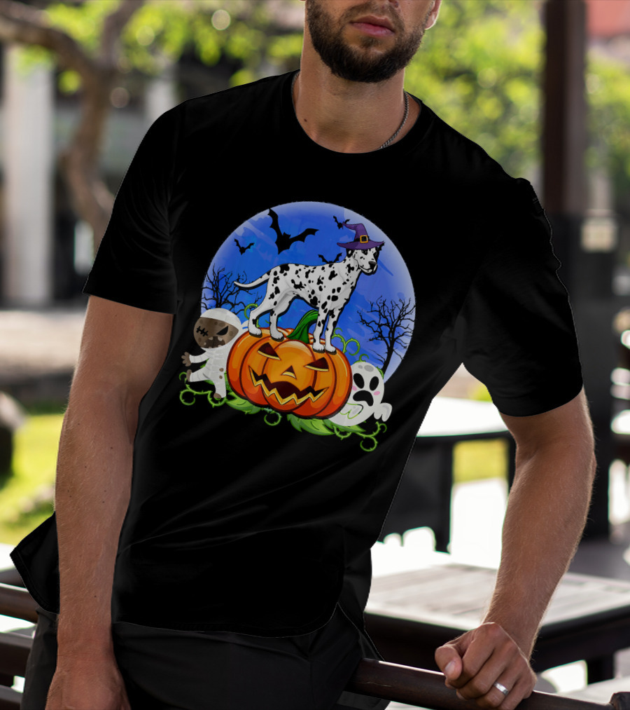 Dalmatian Pumpkin Halloween Mummy Ghost Moon Bats Trees T-Shirt