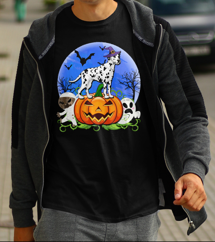 Dalmatian Pumpkin Halloween Mummy Ghost Moon Bats Trees T-Shirt