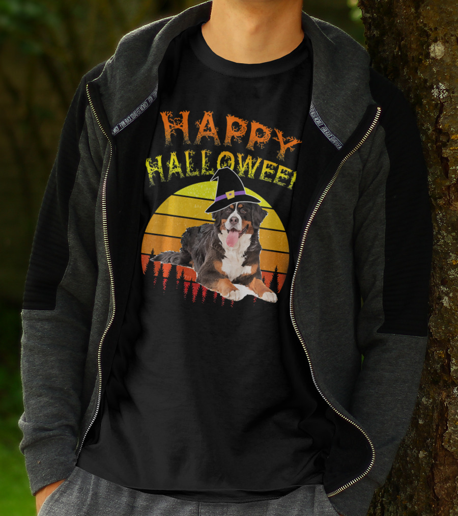 Happy Halloween Bernese Mountain Dog Lover Witch Hat Sunset T-Shirt