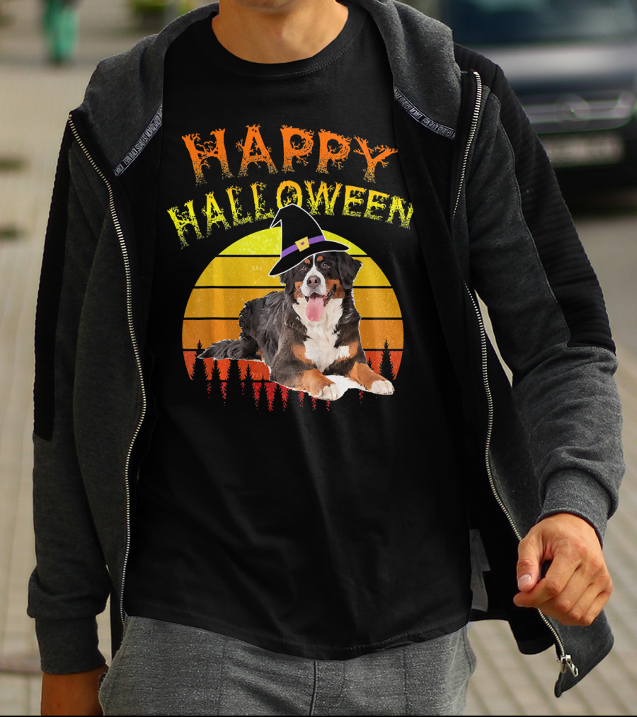 Happy Halloween Bernese Mountain Dog Lover Witch Hat Sunset T-Shirt