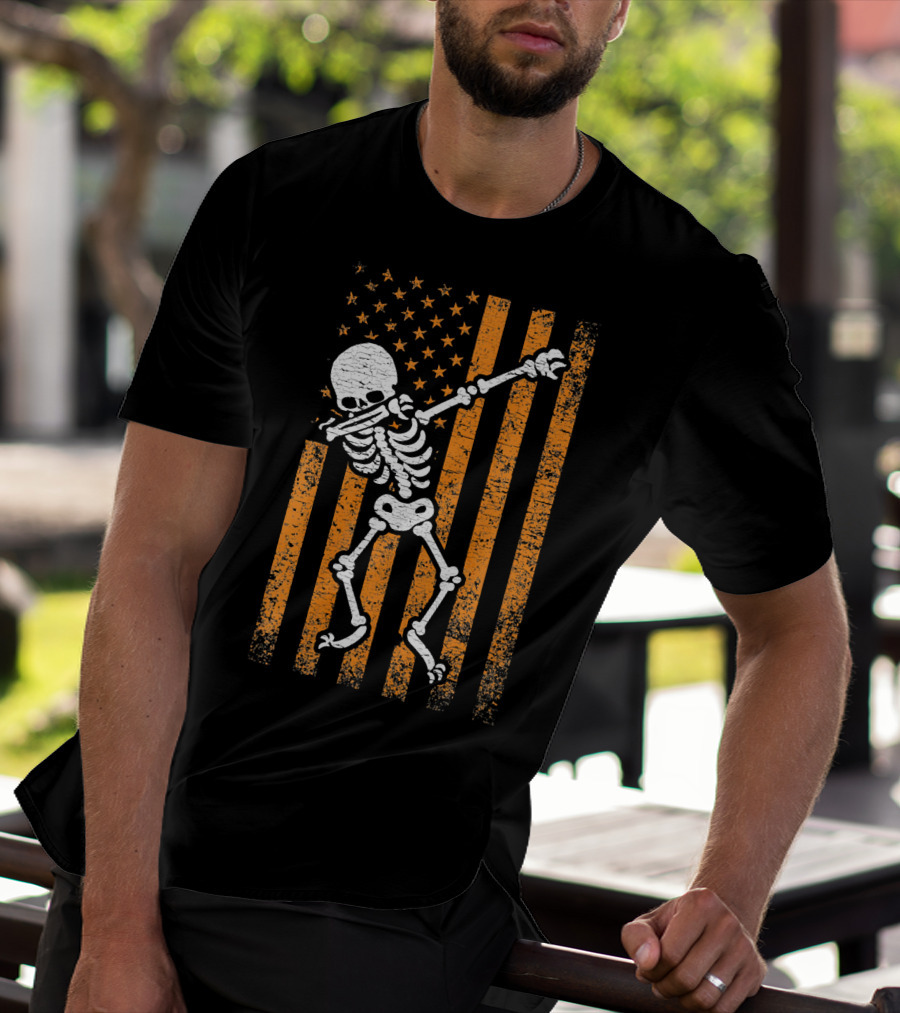 Halloween Dabbing Skeleton American Flag Retro Style Icons T-Shirt