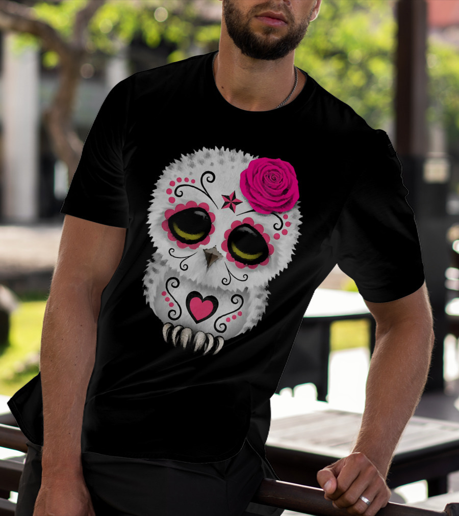 Owl Sugar Skull With Pink Rose And Heart Motif T-Shirt