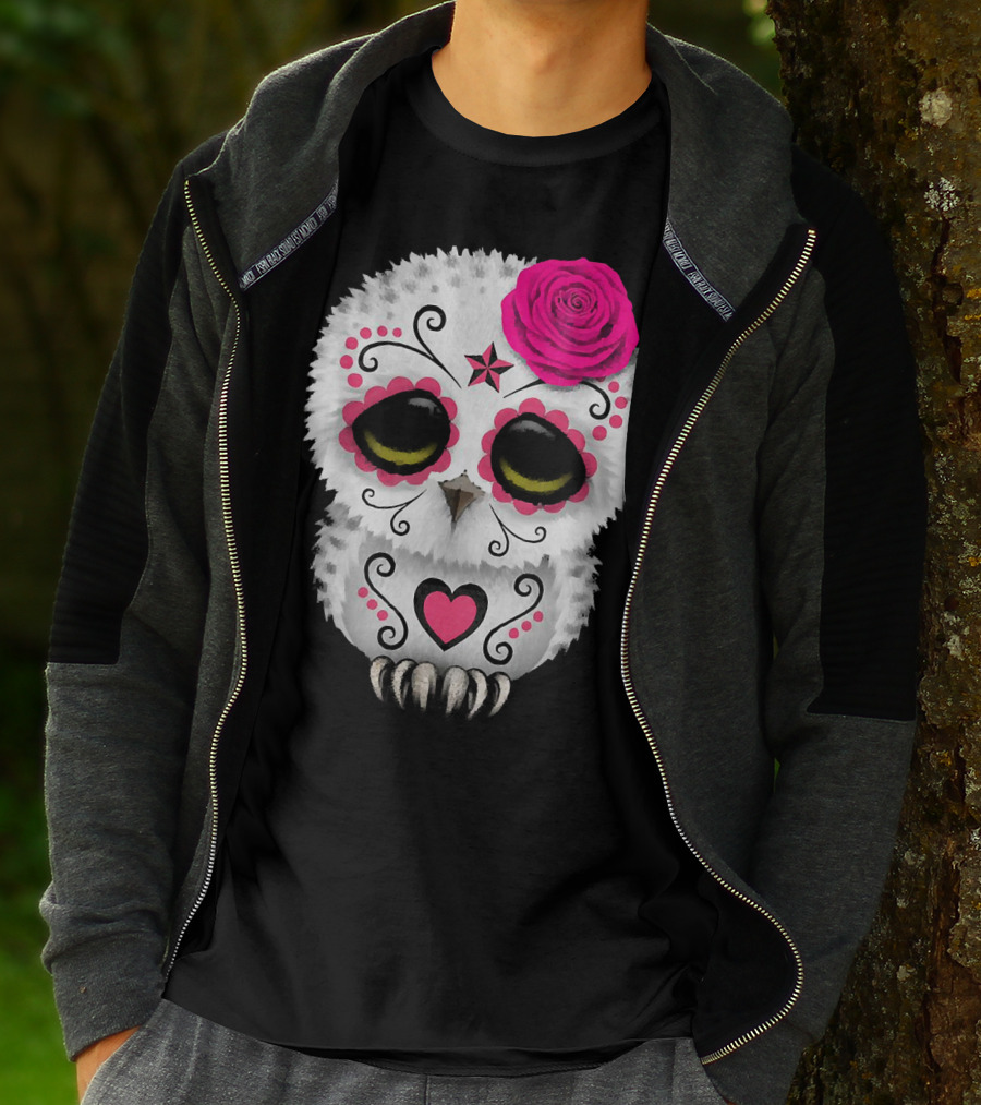 Owl Sugar Skull With Pink Rose And Heart Motif T-Shirt