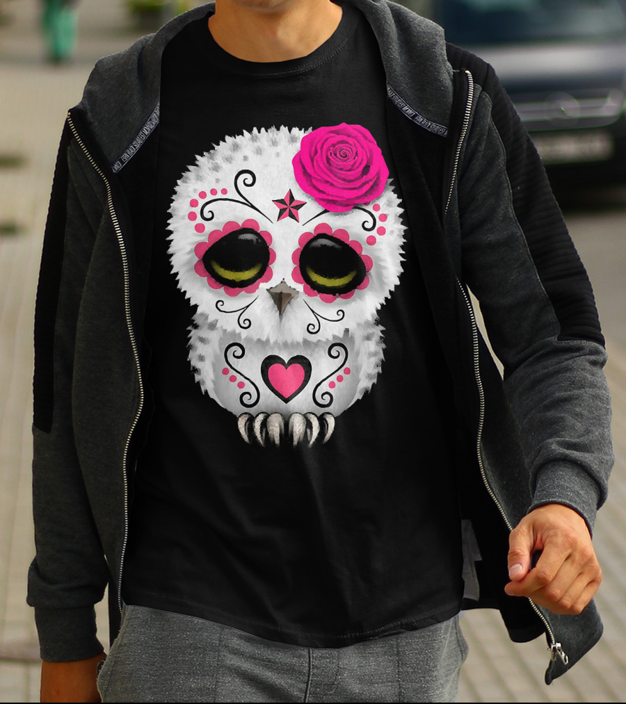 Owl Sugar Skull With Pink Rose And Heart Motif T-Shirt