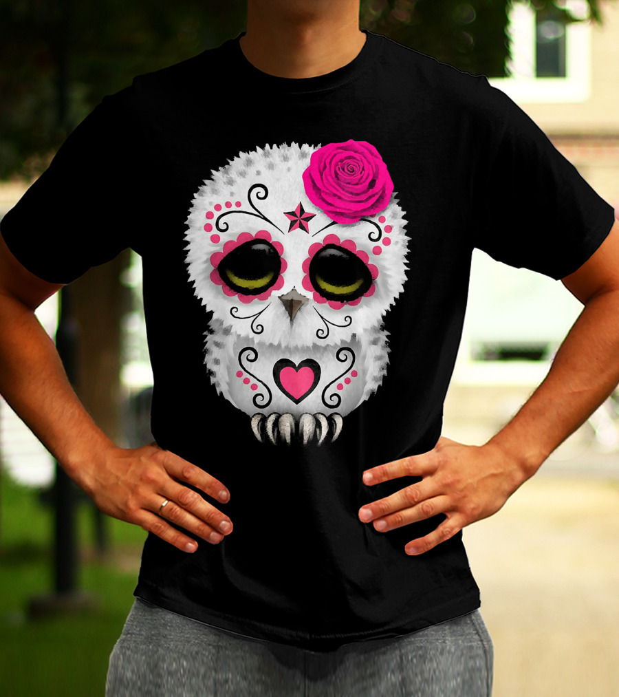 Owl Sugar Skull With Pink Rose And Heart Motif T-Shirt