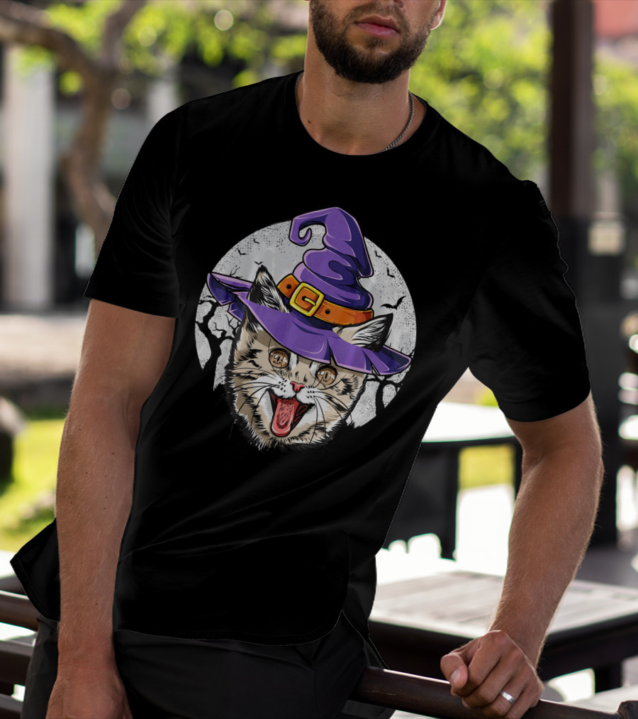 Funny Halloween Witch Cat With Purple Hat And Moon Background T-Shirt