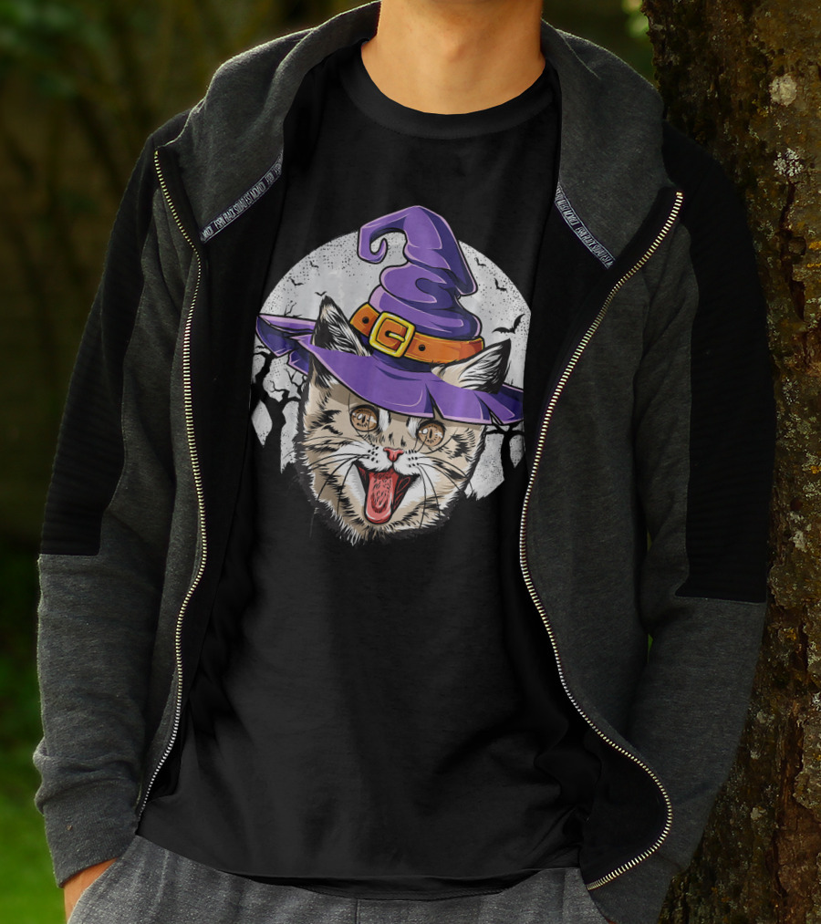 Funny Halloween Witch Cat With Purple Hat And Moon Background T-Shirt