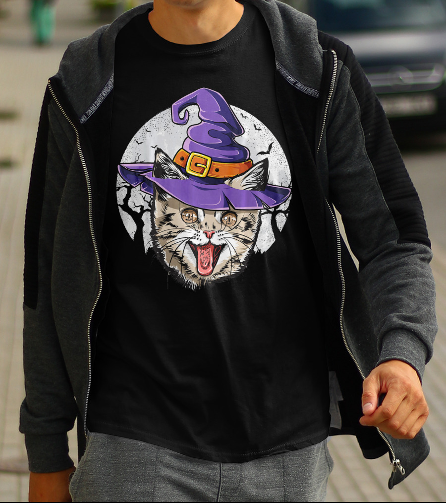 Funny Halloween Witch Cat With Purple Hat And Moon Background T-Shirt