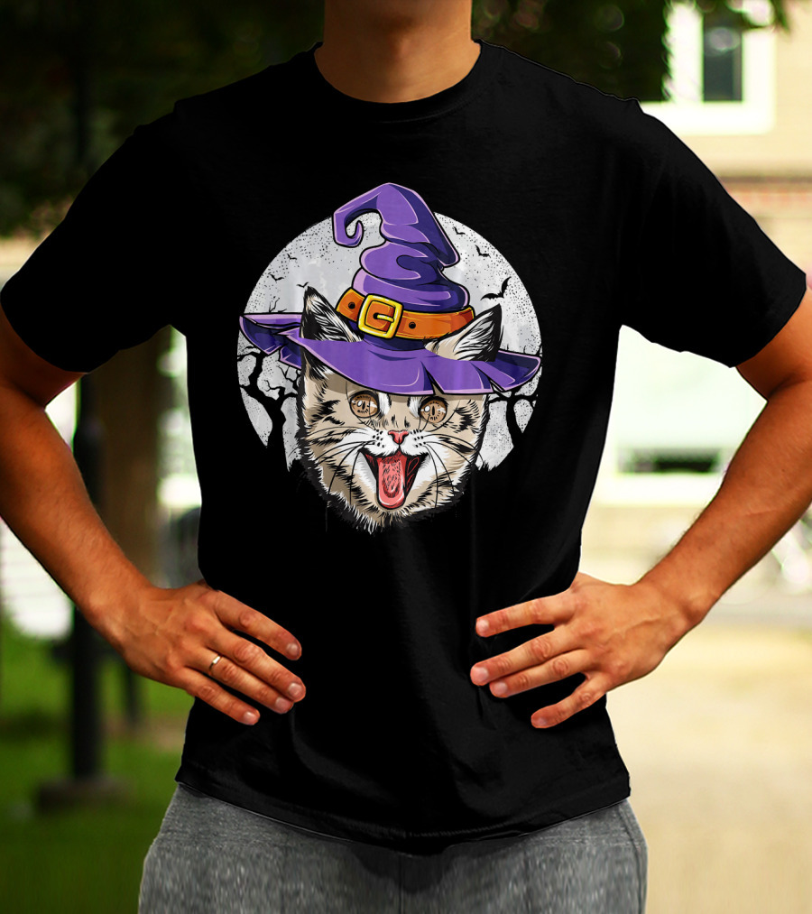 Funny Halloween Witch Cat With Purple Hat And Moon Background T-Shirt