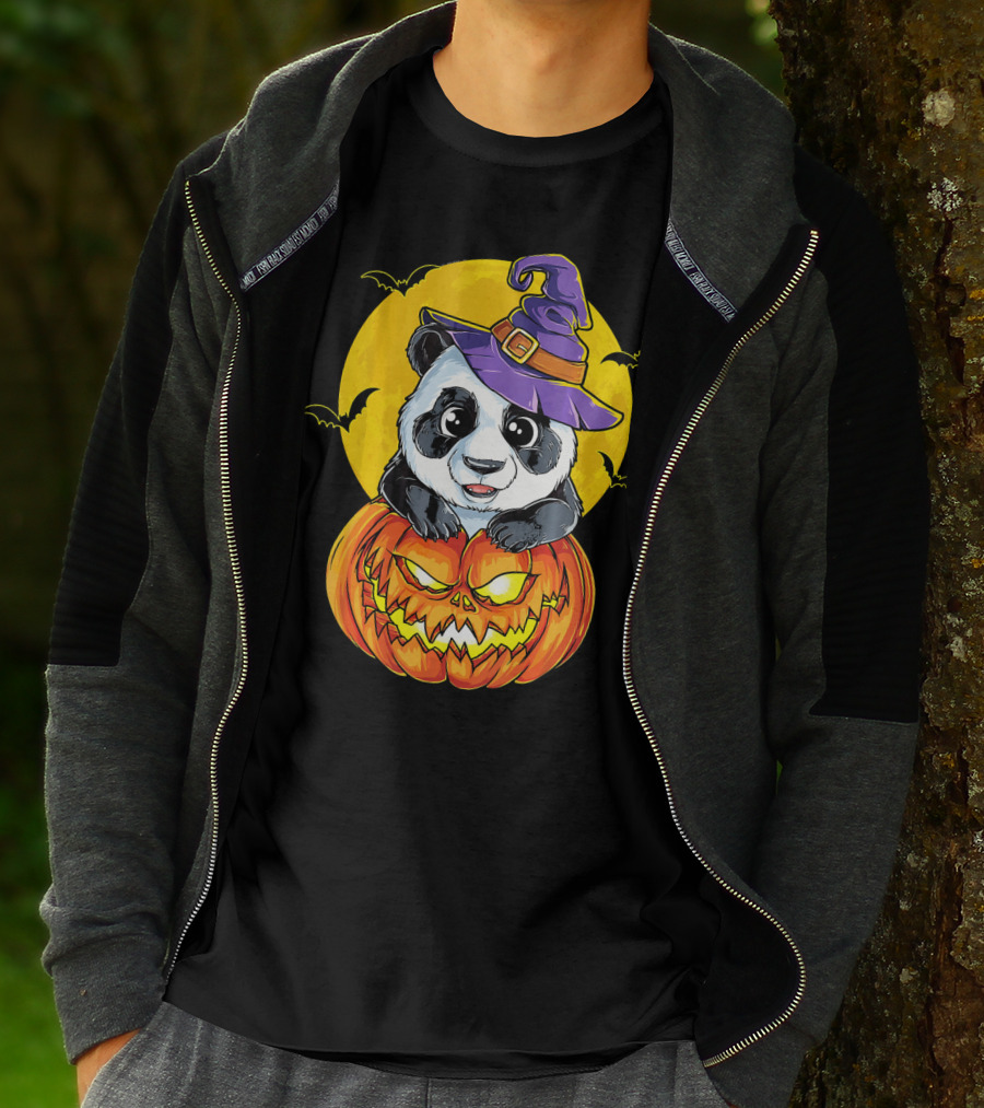 Panda Witch Halloween Pumpkin Moon Bats T-Shirt