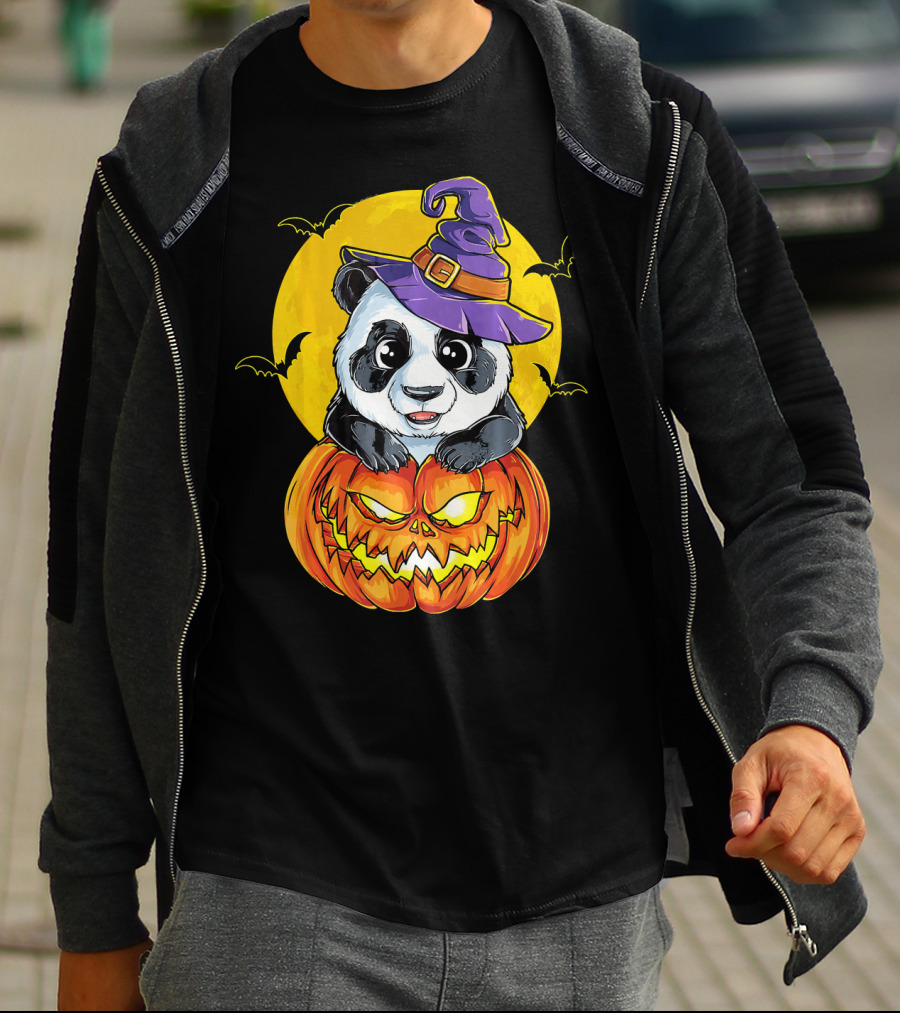 Panda Witch Halloween Pumpkin Moon Bats T-Shirt