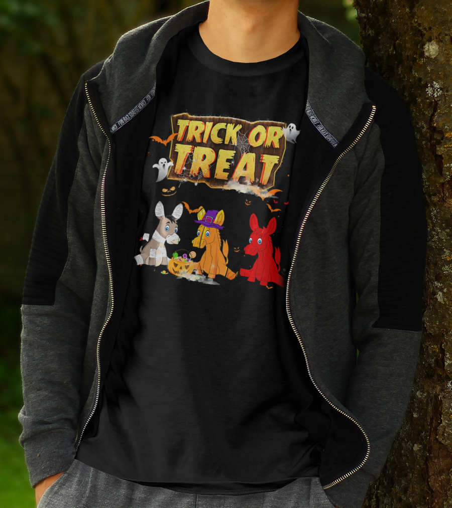 Trick Or Treat Three Donkeys Halloween Candy Pumpkins Ghosts T-Shirt
