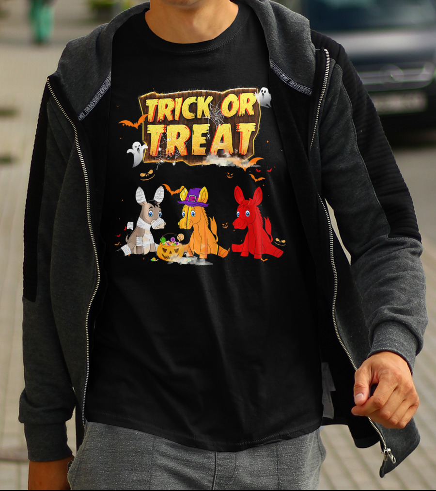 Trick Or Treat Three Donkeys Halloween Candy Pumpkins Ghosts T-Shirt