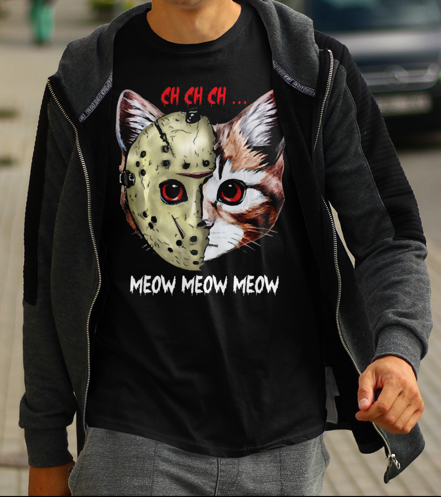 Ch Ch Ch Meow Meow Meow Jason Mask Cat Hybrid T-Shirt