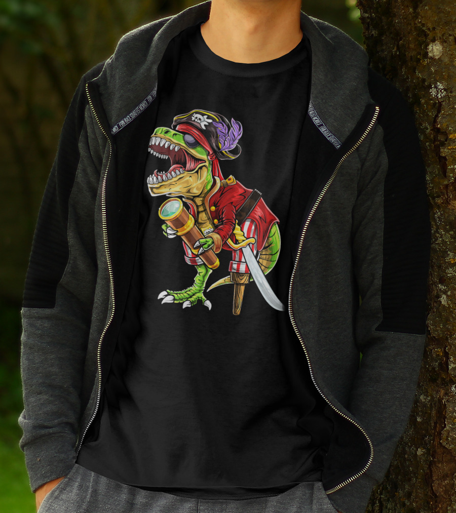 Pirate Dinosaur With Telescope And Peg Leg In Halloween Costume T-Shirt