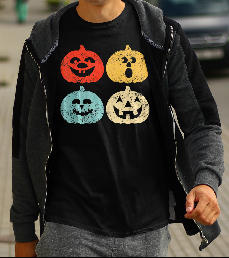 Vintage Halloween Pumpkin Women Retro Colorful Jack-O'-Lantern Faces T-Shirt