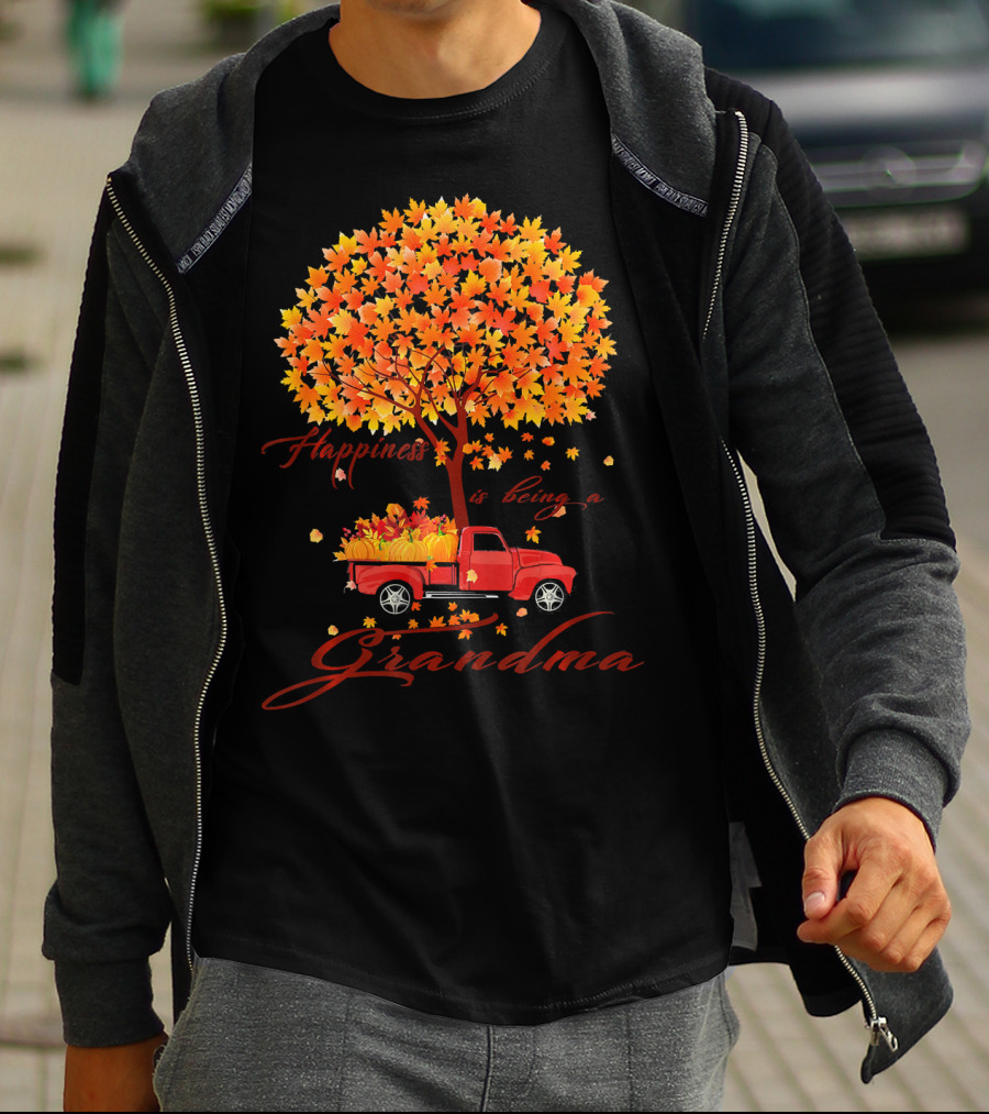 Happiness Is Being A Grandma Autumn Tree With Pumpkins Truck T-Shirt