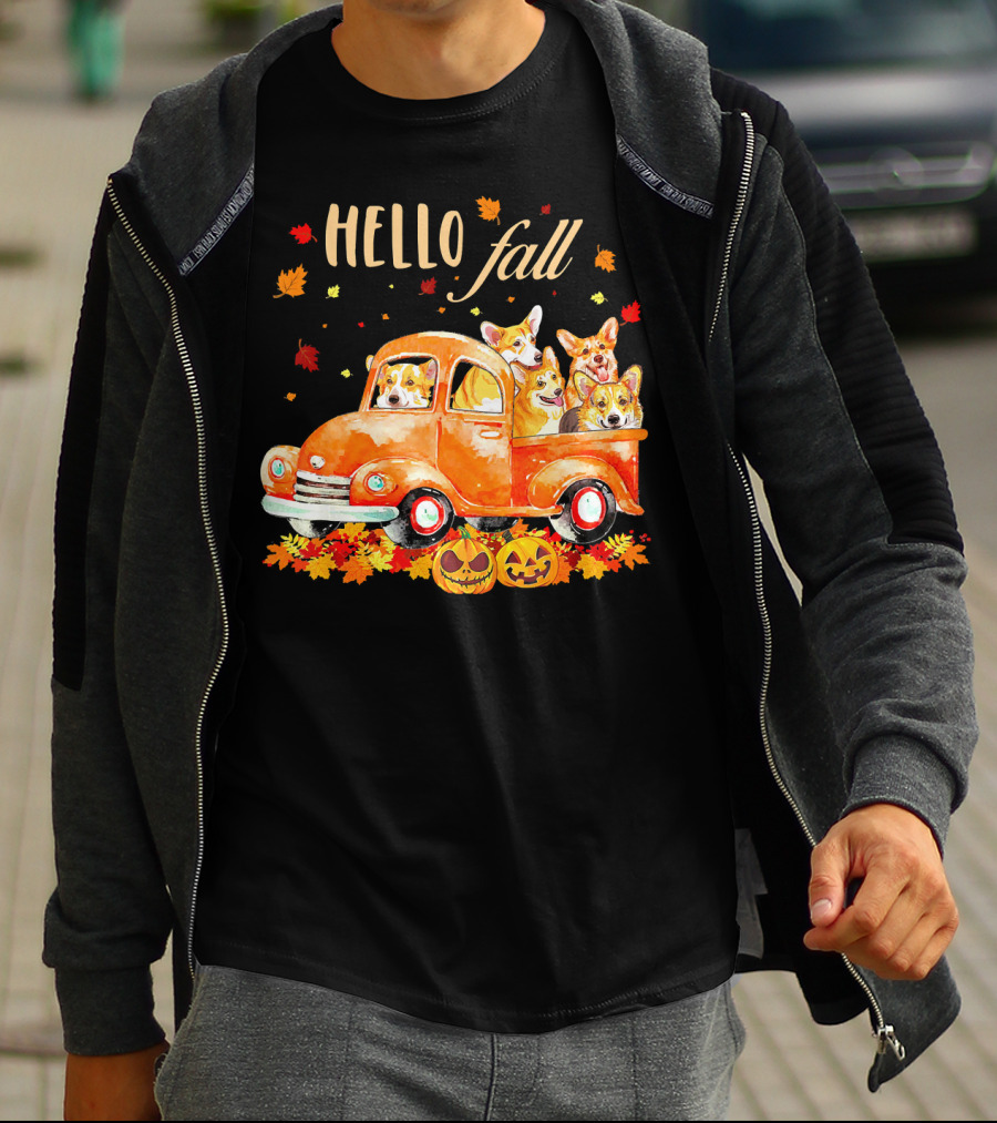 Hello Fall Corgis In Pumpkin Truck With Autumn Leaves And Jack-O'-Lanterns T-Shirt