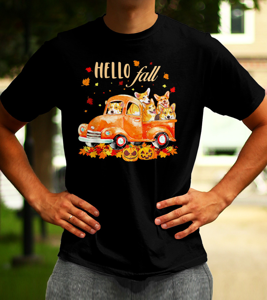 Hello Fall Corgis In Pumpkin Truck With Autumn Leaves And Jack-O'-Lanterns T-Shirt