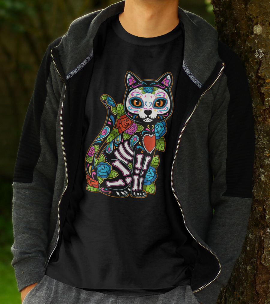 Cat Sugar Skull Calavera Mexico Dia De T-Shirt