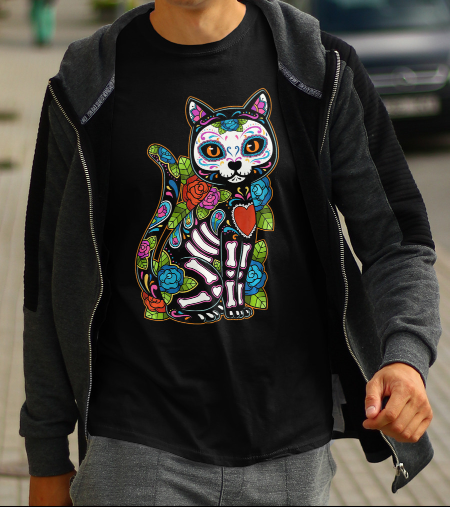 Cat Sugar Skull Calavera Mexico Dia De T-Shirt